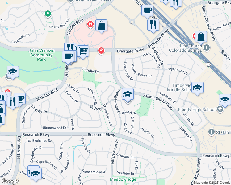 map of restaurants, bars, coffee shops, grocery stores, and more near 9310 Bellcove Circle in Colorado Springs