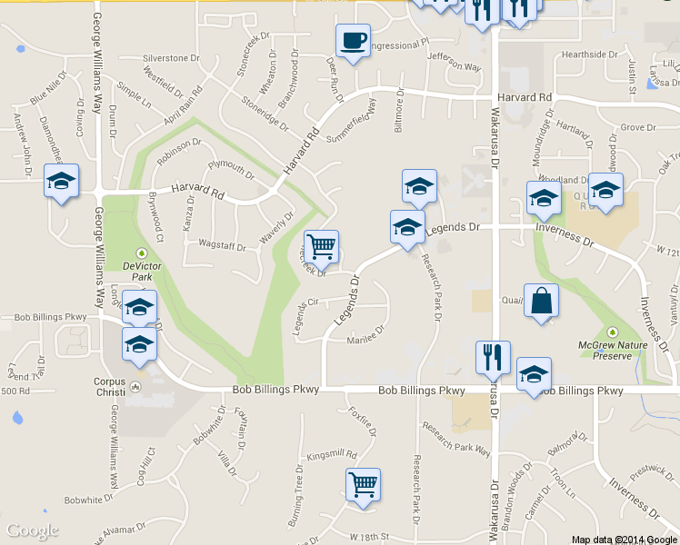 map of restaurants, bars, coffee shops, grocery stores, and more near 1369 Stone Creek Drive in Lawrence