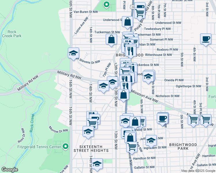 map of restaurants, bars, coffee shops, grocery stores, and more near 1320 Missouri Avenue Northwest in Washington