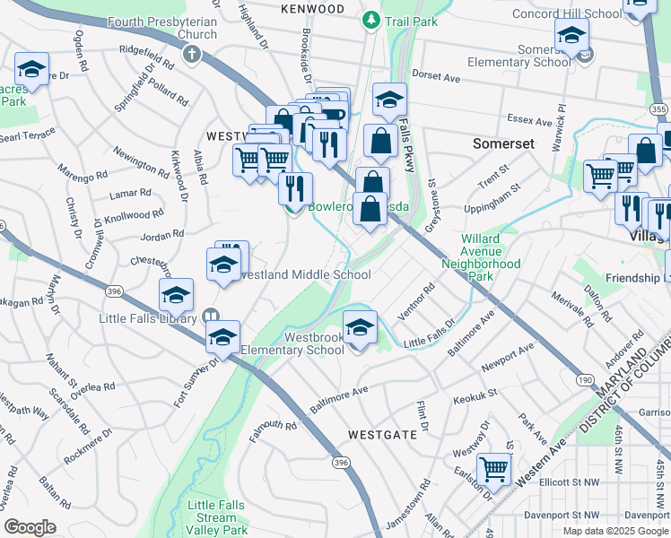 map of restaurants, bars, coffee shops, grocery stores, and more near 5127 Willet Bridge Road in Bethesda