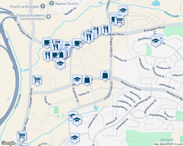map of restaurants, bars, coffee shops, grocery stores, and more near 2368 Research Parkway in Colorado Springs