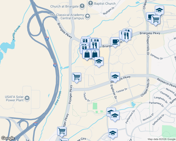 map of restaurants, bars, coffee shops, grocery stores, and more near 9475 Palladium Heights in Colorado Springs