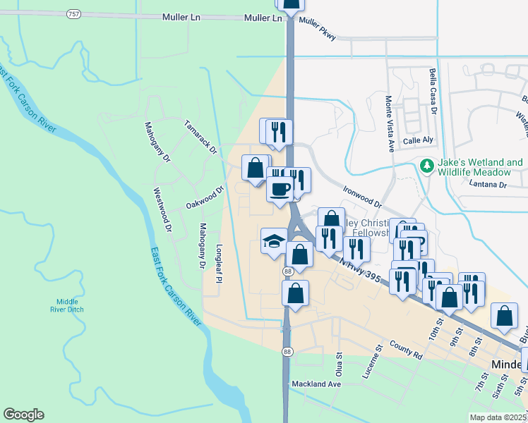 map of restaurants, bars, coffee shops, grocery stores, and more near 1751 Pinewood Drive in Minden