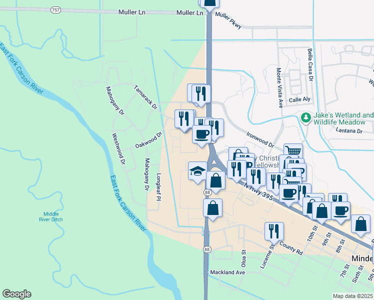map of restaurants, bars, coffee shops, grocery stores, and more near 1751 Pinewood Drive in Minden