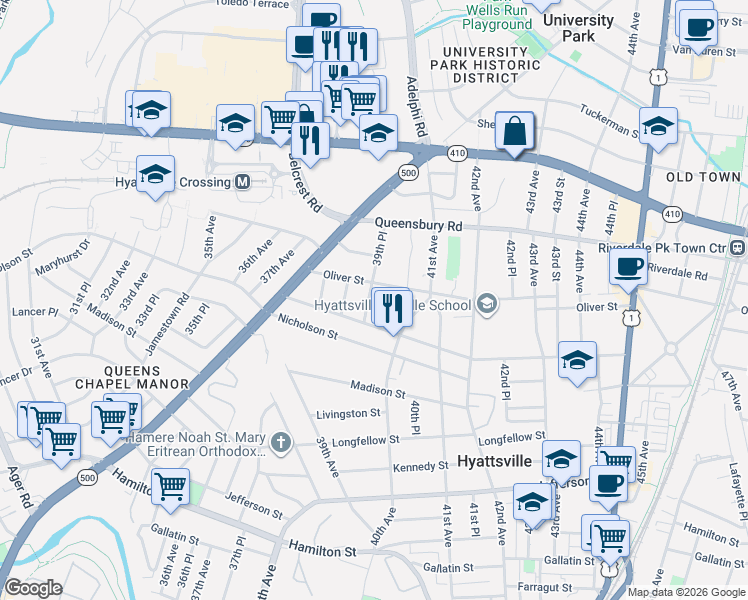 map of restaurants, bars, coffee shops, grocery stores, and more near 101 Independence Avenue Southeast in Washington