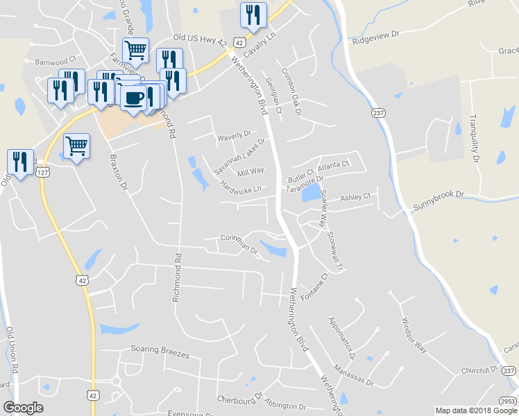 map of restaurants, bars, coffee shops, grocery stores, and more near 1153 Fairman Way in Florence