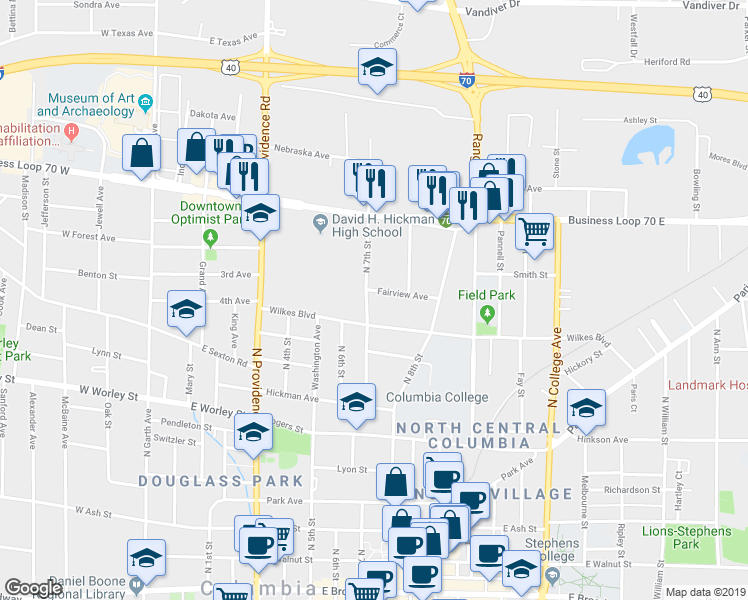 map of restaurants, bars, coffee shops, grocery stores, and more near 904 North 7th Street in Columbia