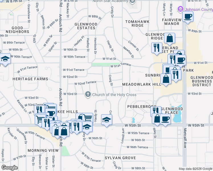 map of restaurants, bars, coffee shops, grocery stores, and more near 9244 Hardy Street in Overland Park