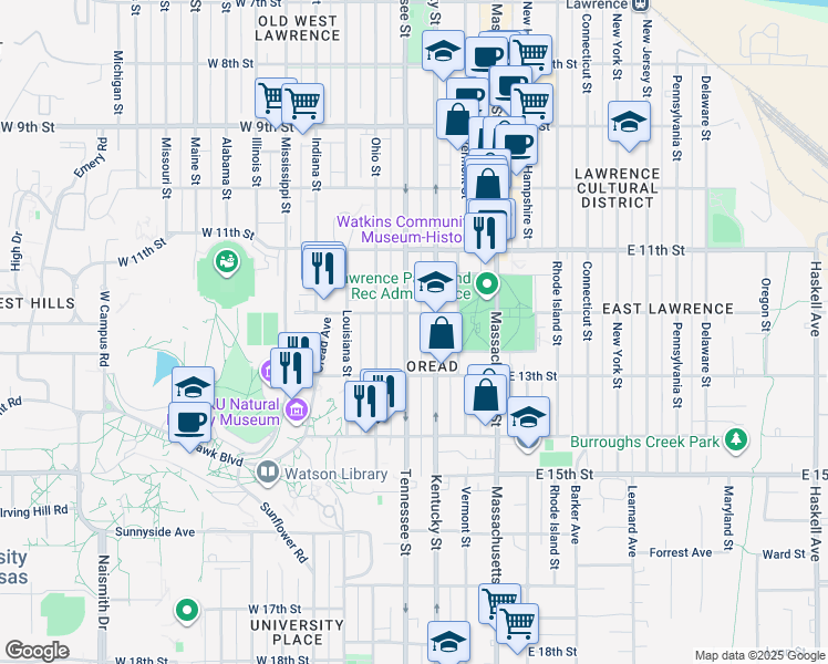 map of restaurants, bars, coffee shops, grocery stores, and more near 1221 Tennessee Street in Lawrence