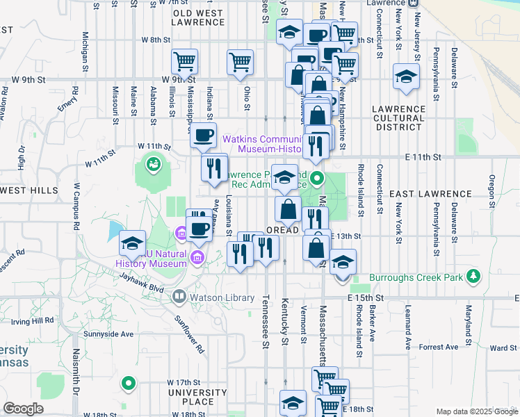 map of restaurants, bars, coffee shops, grocery stores, and more near 1221 Tennessee Street in Lawrence