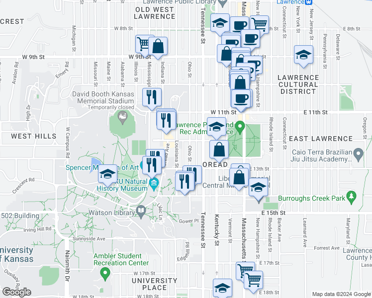 map of restaurants, bars, coffee shops, grocery stores, and more near 1223 Ohio Street in Lawrence