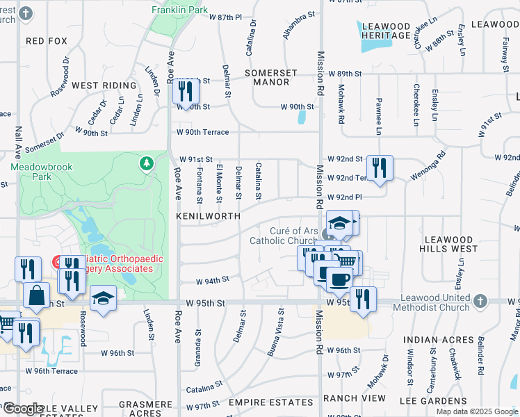 map of restaurants, bars, coffee shops, grocery stores, and more near 4104 West 93rd Street in Prairie Village