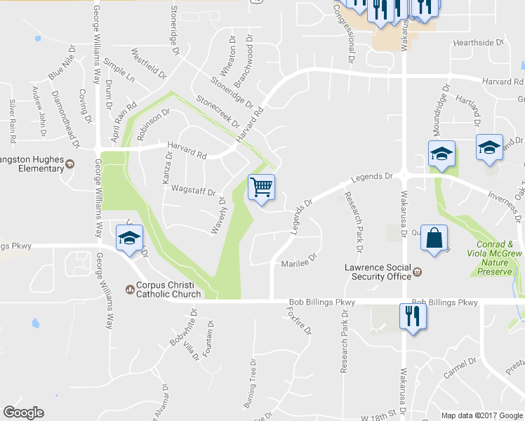 map of restaurants, bars, coffee shops, grocery stores, and more near 1349 Stonecreek Drive in Lawrence