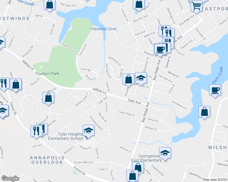 map of restaurants, bars, coffee shops, grocery stores, and more near 1319 Colony Drive in Annapolis