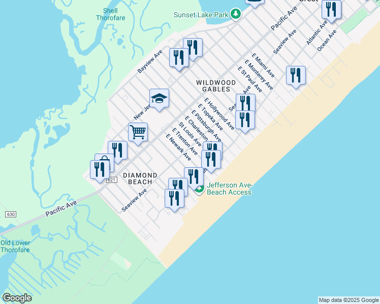 map of restaurants, bars, coffee shops, grocery stores, and more near 9201 Seaview Avenue in Wildwood Crest
