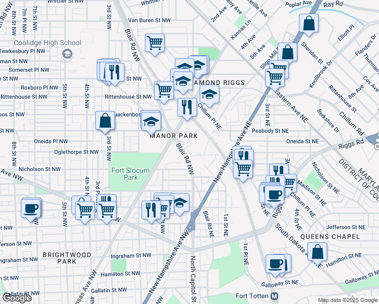 map of restaurants, bars, coffee shops, grocery stores, and more near 5901 Blair Road Northwest in Washington