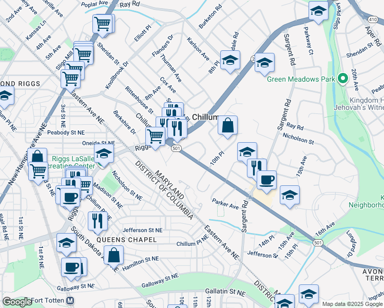 map of restaurants, bars, coffee shops, grocery stores, and more near 1006 Maryland 501 in Chillum