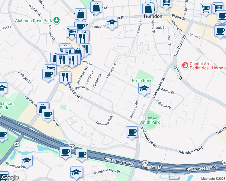map of restaurants, bars, coffee shops, grocery stores, and more near 704 Bruce Court in Herndon
