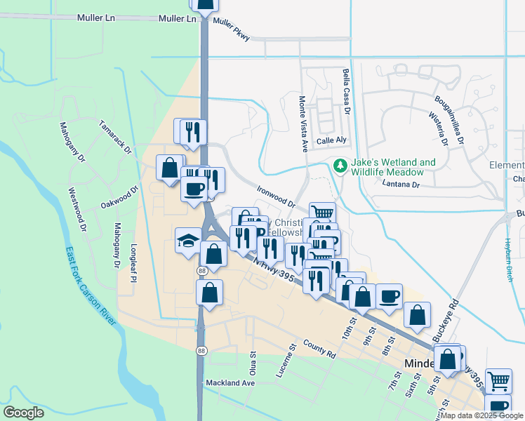 map of restaurants, bars, coffee shops, grocery stores, and more near in Minden