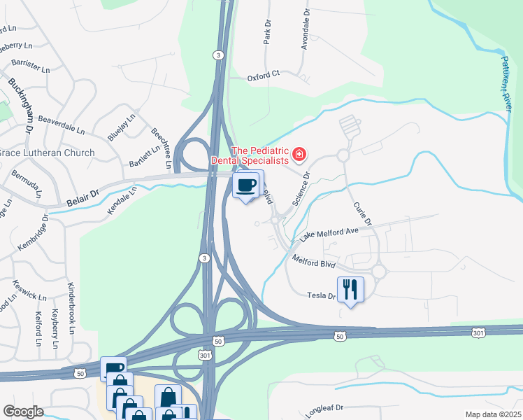map of restaurants, bars, coffee shops, grocery stores, and more near 16701 Melford Boulevard in Bowie