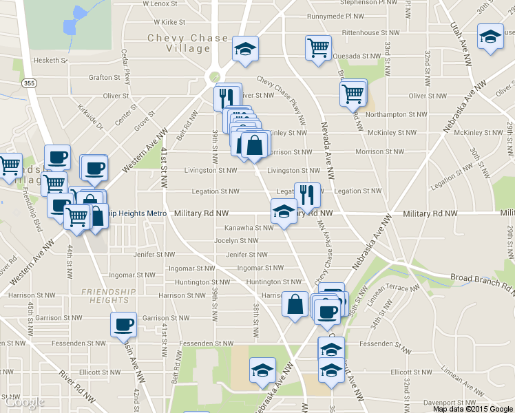 map of restaurants, bars, coffee shops, grocery stores, and more near 3739 Military Road Northwest in Washington