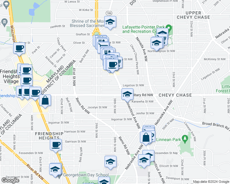map of restaurants, bars, coffee shops, grocery stores, and more near 3741 Military Road Northwest in Washington