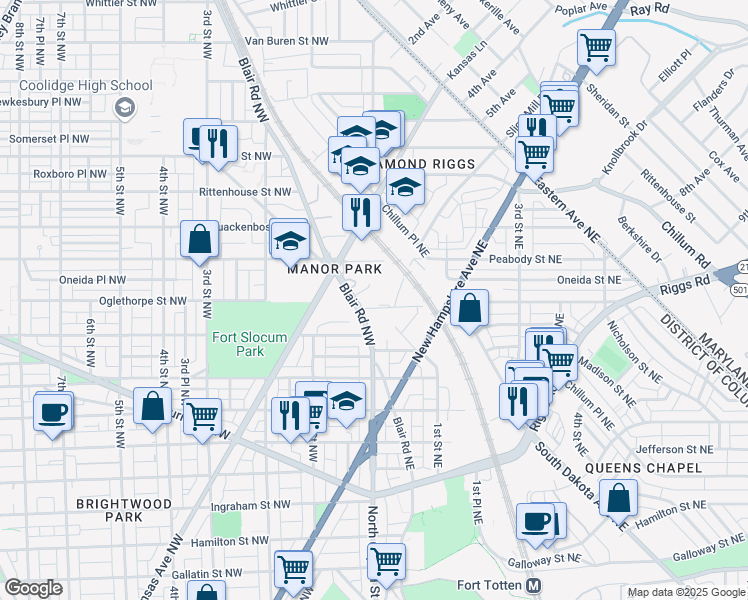 map of restaurants, bars, coffee shops, grocery stores, and more near 5901 Blair Road Northwest in Washington