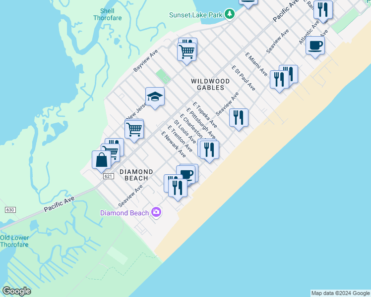 map of restaurants, bars, coffee shops, grocery stores, and more near 9201 Seaview Avenue in Wildwood Crest