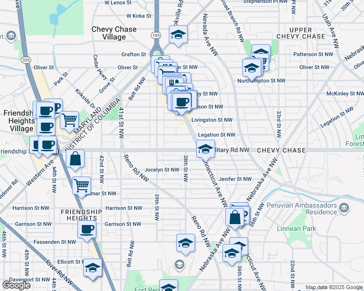 map of restaurants, bars, coffee shops, grocery stores, and more near 3803 Military Road Northwest in Washington