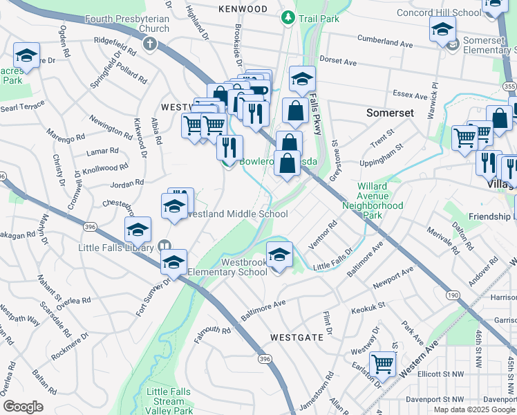 map of restaurants, bars, coffee shops, grocery stores, and more near 5119 Willet Bridge Road in Bethesda