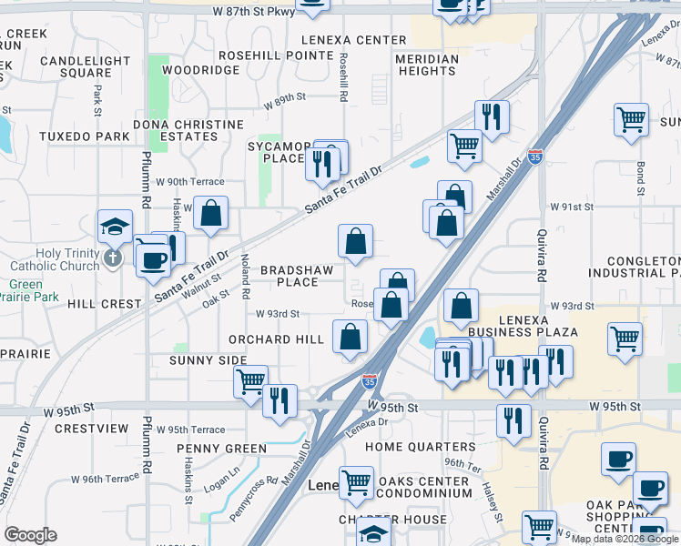 map of restaurants, bars, coffee shops, grocery stores, and more near 12625 West 92nd Street in Lenexa
