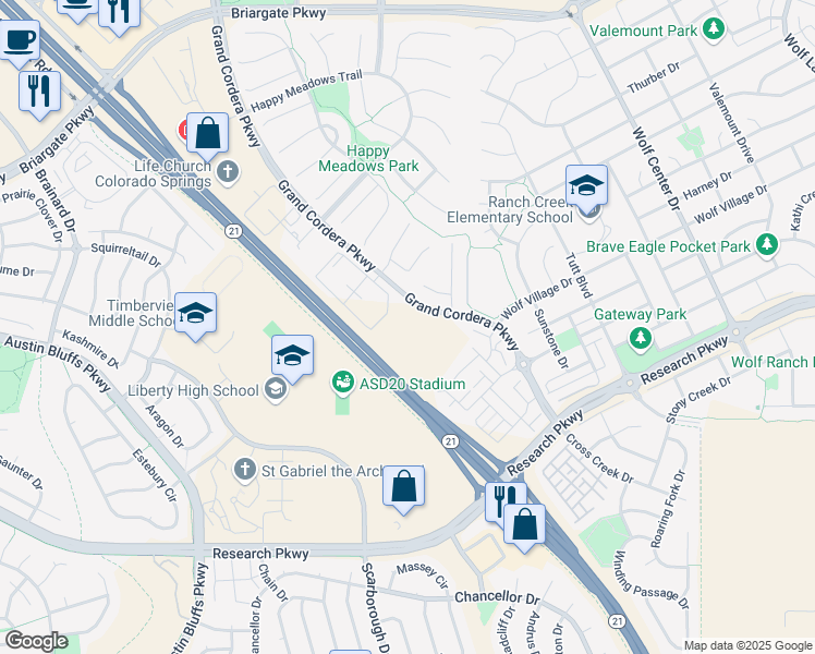 map of restaurants, bars, coffee shops, grocery stores, and more near 9112 Grand Cordera Parkway in Colorado Springs