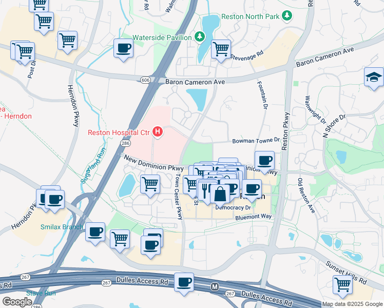 map of restaurants, bars, coffee shops, grocery stores, and more near 12012 Taliesin Place in Reston
