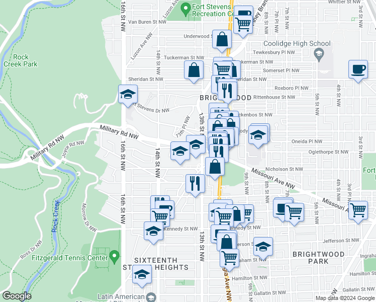 map of restaurants, bars, coffee shops, grocery stores, and more near 1320 Missouri Avenue Northwest in Washington
