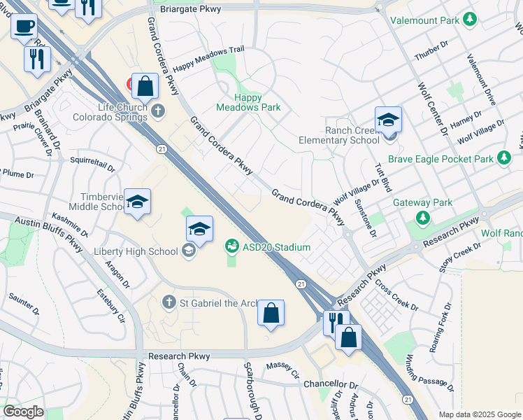 map of restaurants, bars, coffee shops, grocery stores, and more near 9112 Grand Cordera Parkway in Colorado Springs