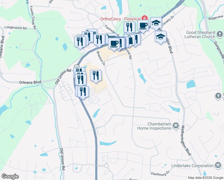 map of restaurants, bars, coffee shops, grocery stores, and more near 9085 Braxton Drive in Union