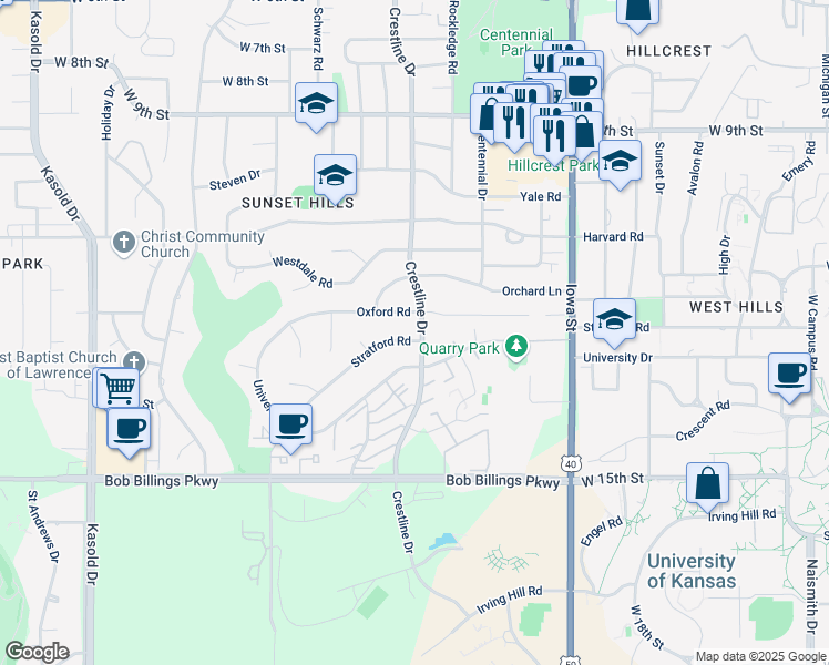 map of restaurants, bars, coffee shops, grocery stores, and more near 2603 Stratford Road in Lawrence
