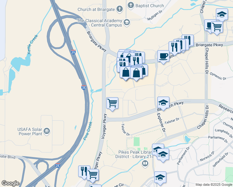 map of restaurants, bars, coffee shops, grocery stores, and more near 1510 Telstar Drive in Colorado Springs