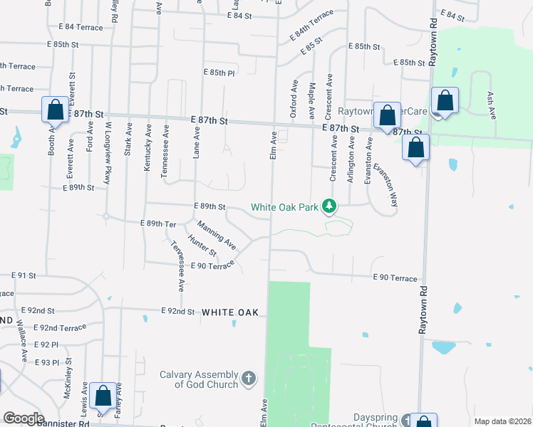 map of restaurants, bars, coffee shops, grocery stores, and more near 8911 Elm Avenue in Kansas City