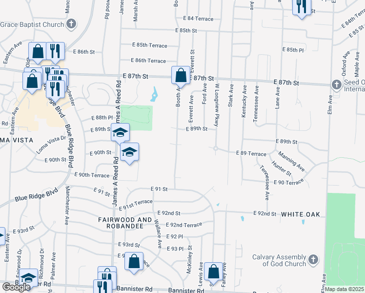 map of restaurants, bars, coffee shops, grocery stores, and more near 8919 Booth Avenue in Kansas City