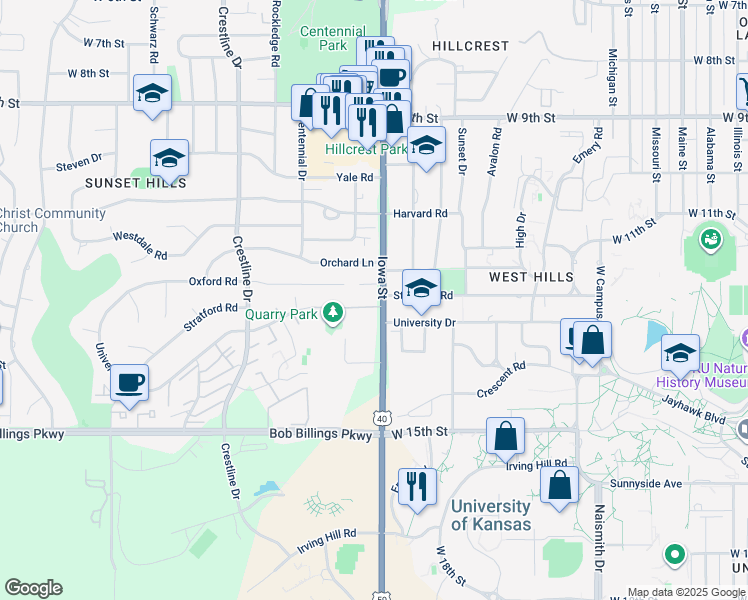 map of restaurants, bars, coffee shops, grocery stores, and more near 1235 Iowa Street in Lawrence