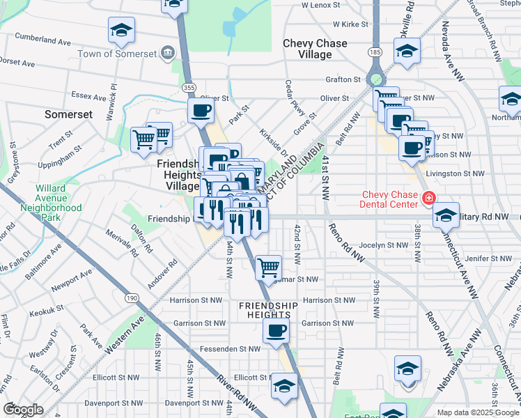 map of restaurants, bars, coffee shops, grocery stores, and more near 4301 Military Road Northwest in Washington