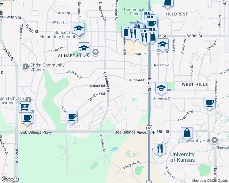 map of restaurants, bars, coffee shops, grocery stores, and more near 2510 University Drive in Lawrence