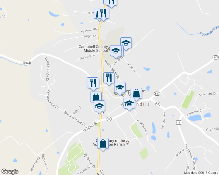 map of restaurants, bars, coffee shops, grocery stores, and more near 15 Pete Neiser Drive in Alexandria