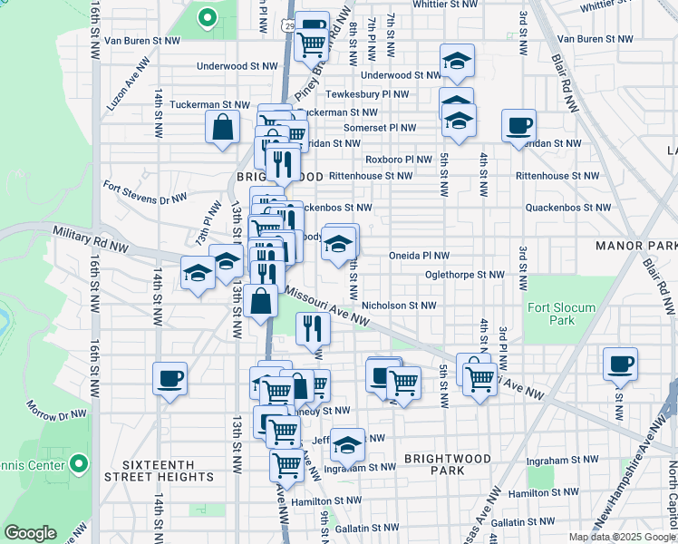 map of restaurants, bars, coffee shops, grocery stores, and more near 5800 8th Street Northwest in Washington
