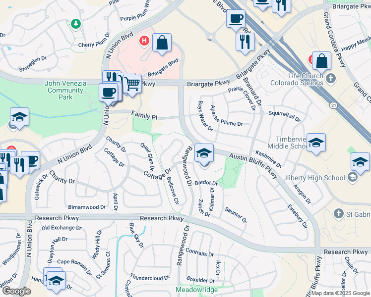 map of restaurants, bars, coffee shops, grocery stores, and more near 9280 Bellcove Circle in Colorado Springs