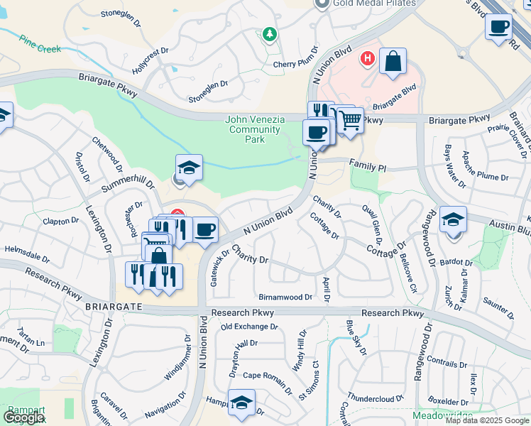 map of restaurants, bars, coffee shops, grocery stores, and more near 8920 Gold Bluff Drive in Colorado Springs
