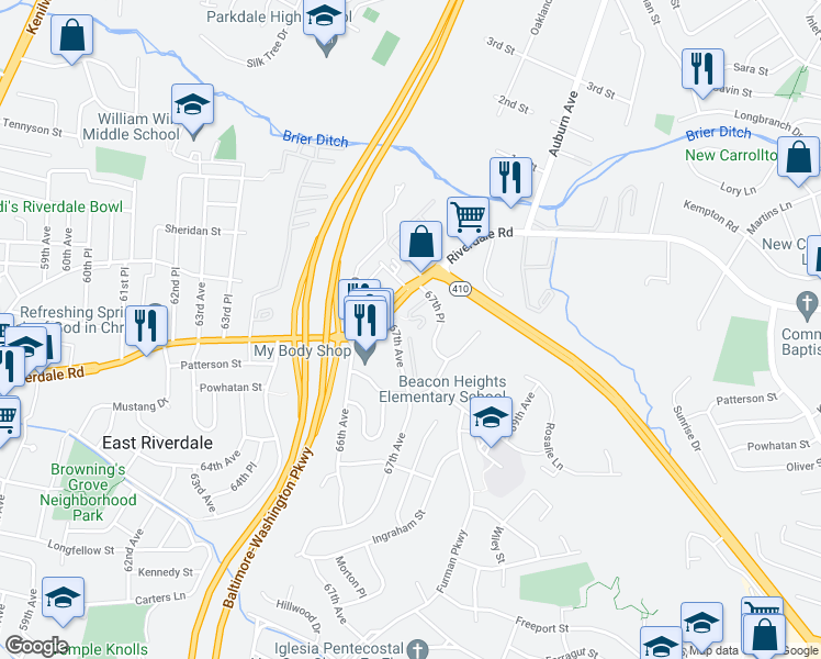 map of restaurants, bars, coffee shops, grocery stores, and more near 6707 Riverdale Road in East Riverdale