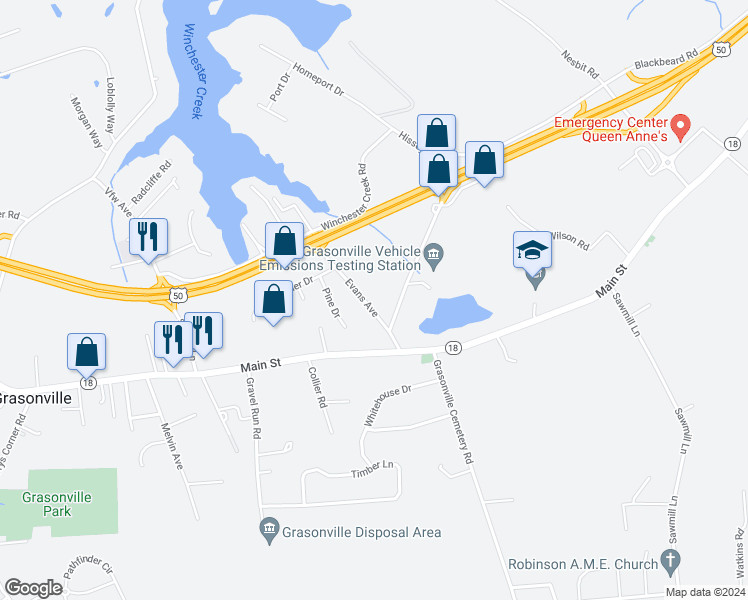 map of restaurants, bars, coffee shops, grocery stores, and more near 216 Evans Avenue in Grasonville