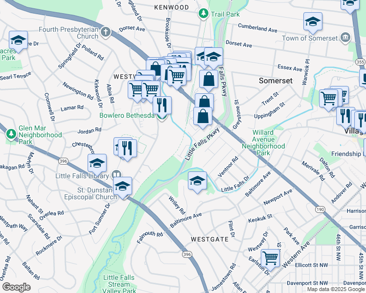map of restaurants, bars, coffee shops, grocery stores, and more near 5117 Willet Bridge Road in Bethesda